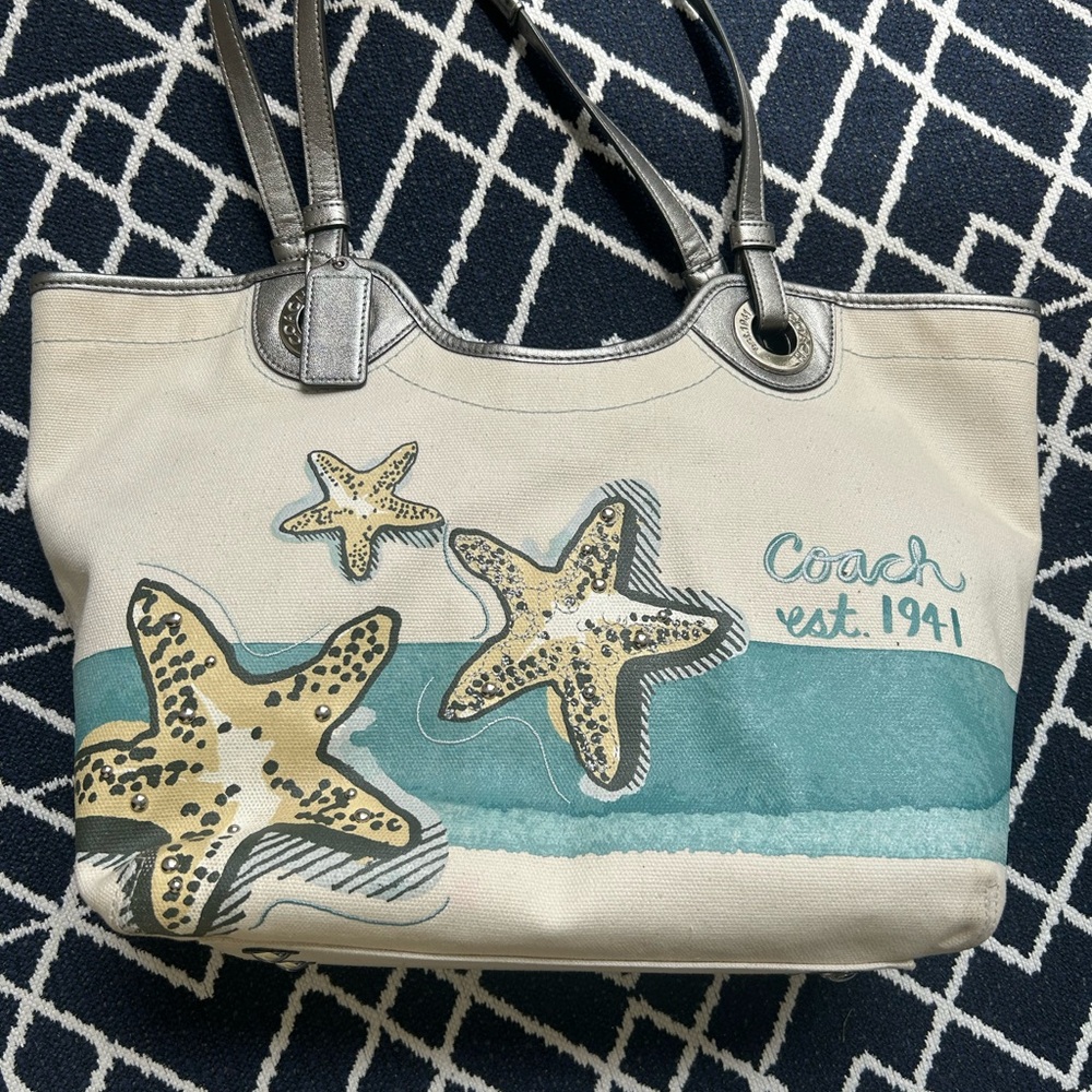 Coach Silver and Cream Tote with Starfish Design